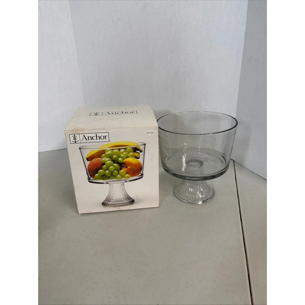 Anchor‎ Hocking 2qt Glass Trifle Bowl Footed Pedestal Clear Ribbed Base